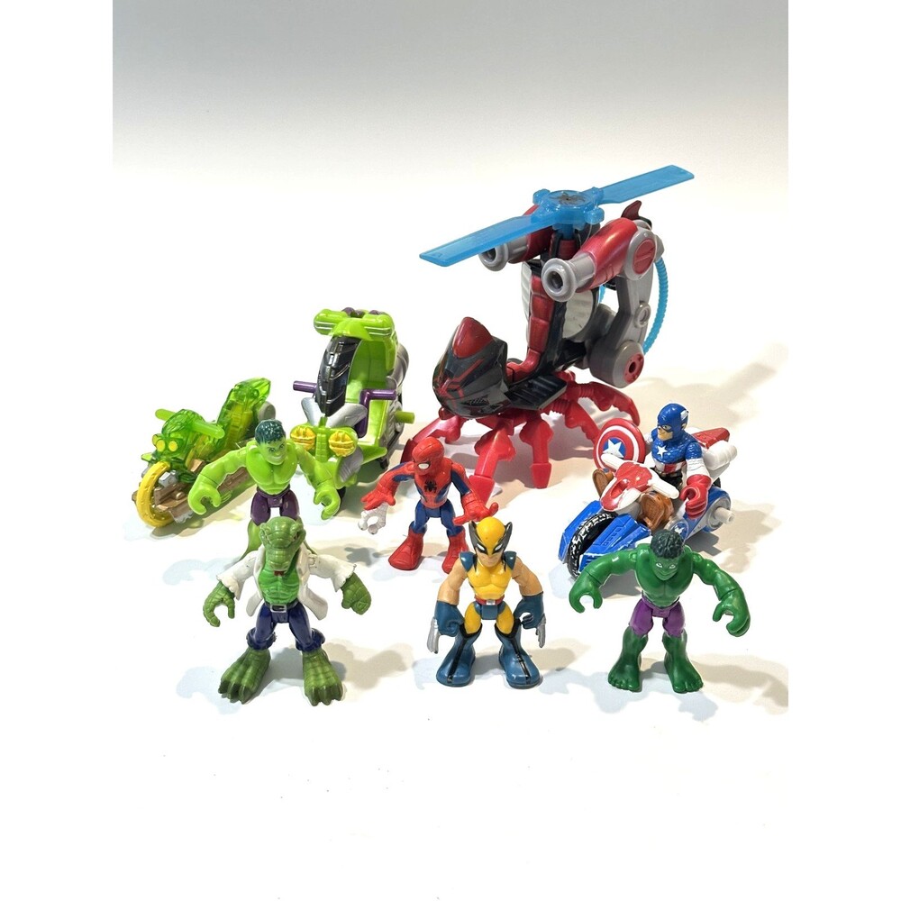 Playskool Marvel Lot Captain Wolverine Spider-Man Copter Figures 2 Cycles Hulk